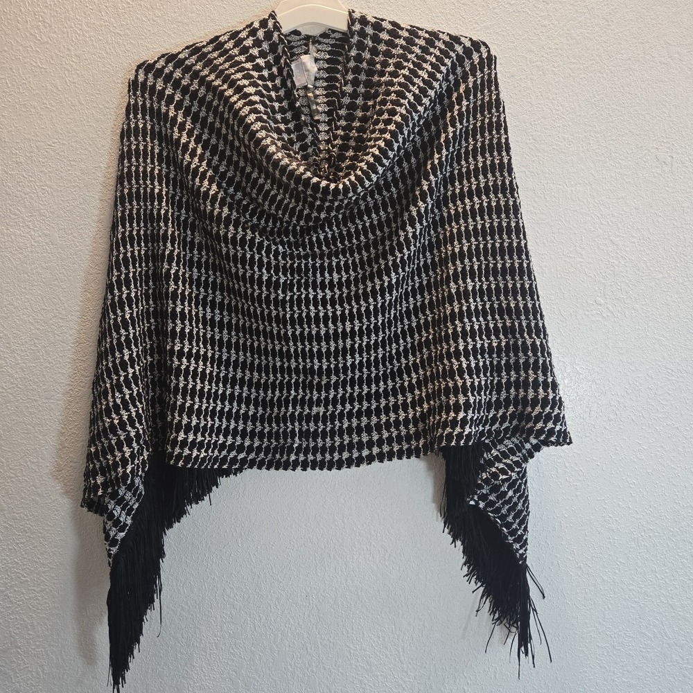 Chico's Black White Knit Poncho Fringe Hem Cowl Neck Sweater Shawl S/M Boho